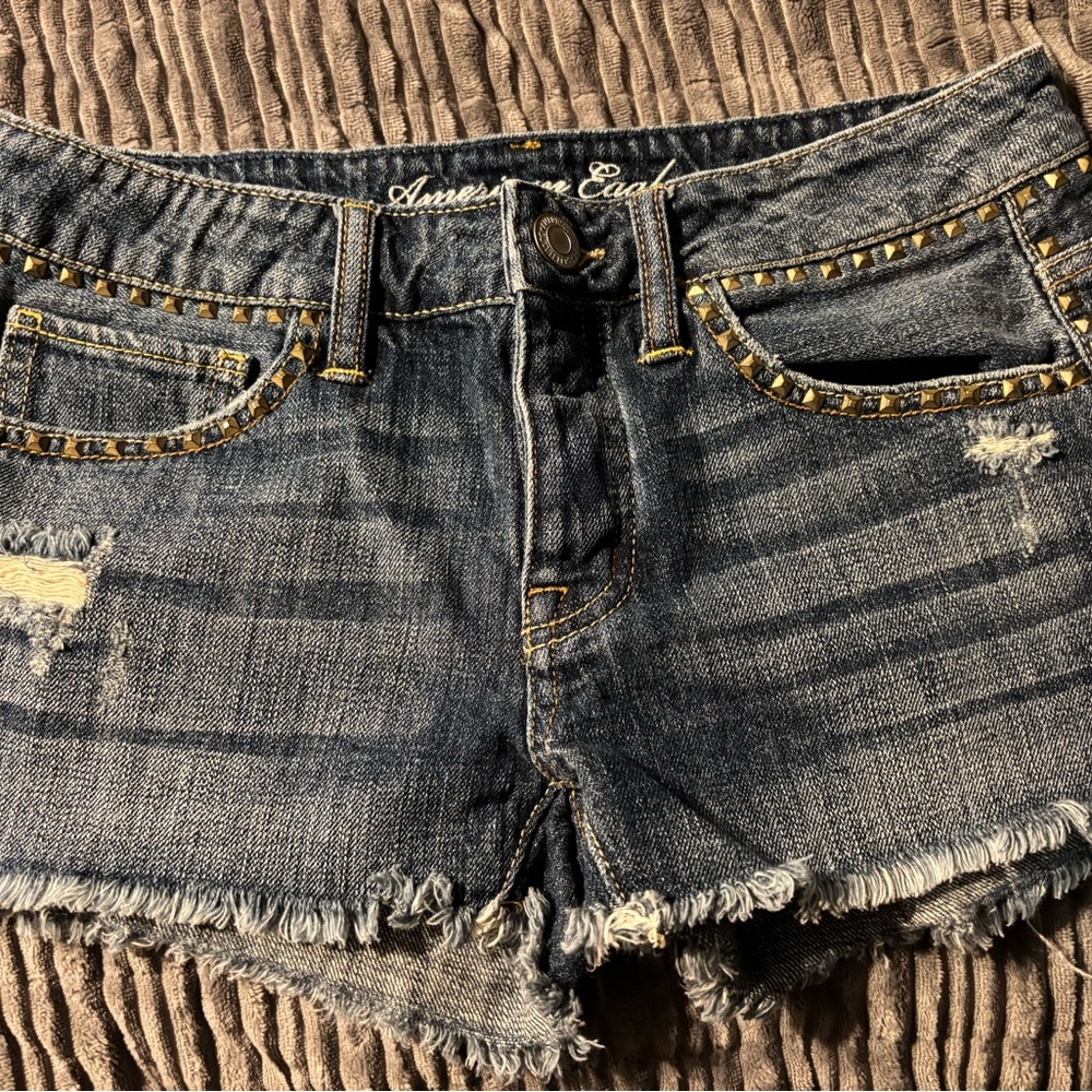 American Eagle Outfitters Blue Distressed Jean Shorts with Stud Trim